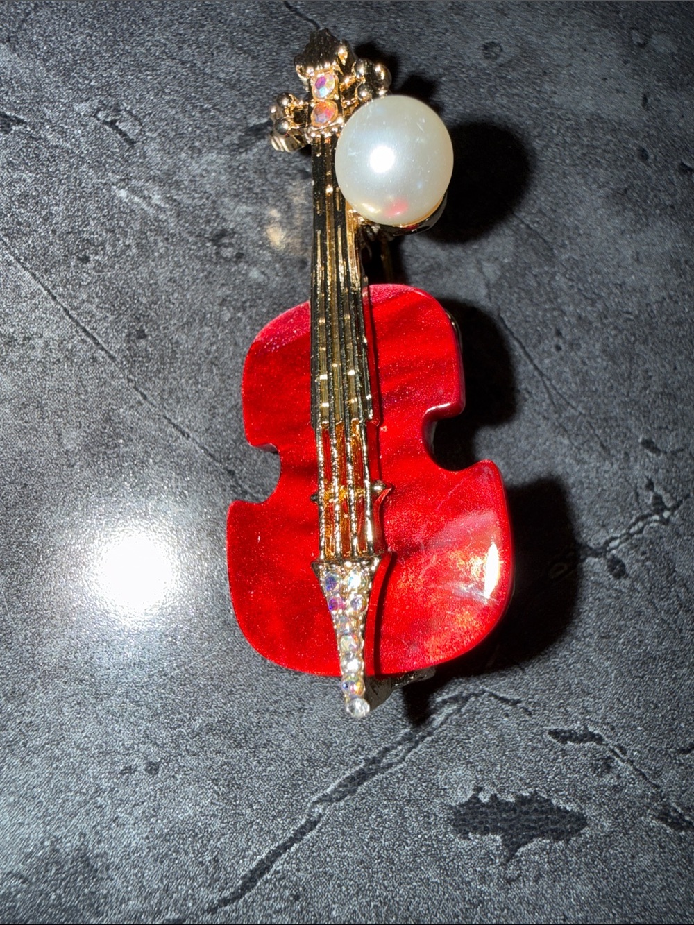Red Violin Brooch Pin with Pearl Accent